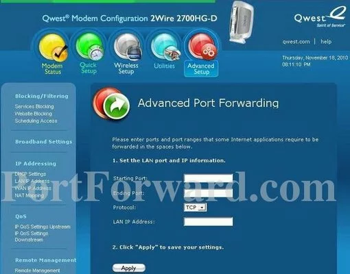 2wire 2701HG-D_Qwest port forward