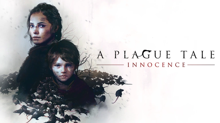 A Plague Tale: Innocence game art showing Amicia and Hugo surrounded by rats.