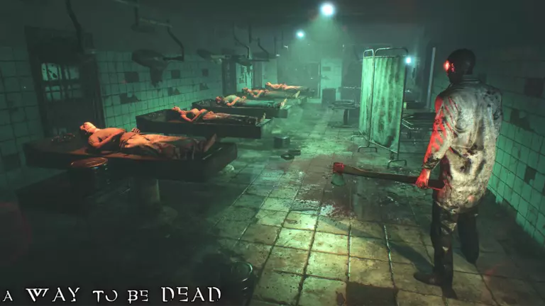 A Way to Be Dead game art showing crazed doctor in morgue looking at several victims.