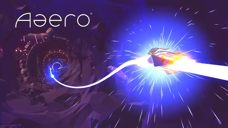 Aaero game art showing ship flying along a ribbon of light.