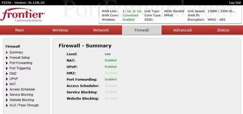 Actiontec F2250 - Frontier Firewall Summary
