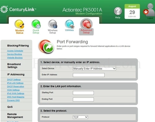 Actiontec PK5001A Port Forwarding