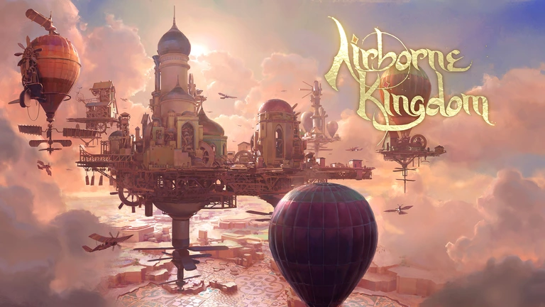 Airborne Kingdom landscape of floating buildings and flying airplanes.
