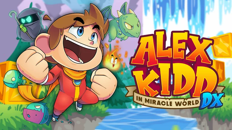 Alex Kidd in Miracle World DX landscape showing a waterfall and game characters.