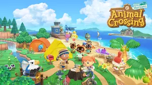 Animal Crossing: New Horizons artwork featuring various villagers enjoying life on an island