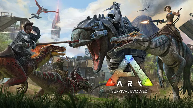 Ark: Survival Evolved game cover artwork featuring humans riding dinosaurs