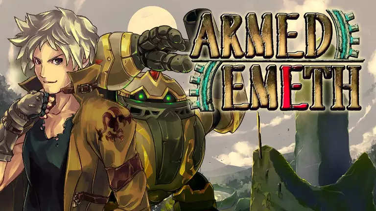 Armed Emeth game art showing main character with his golem robot.