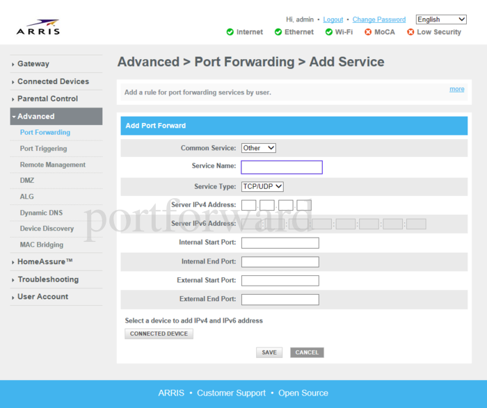 Forwarding Ports in a Arris DG3450A Router