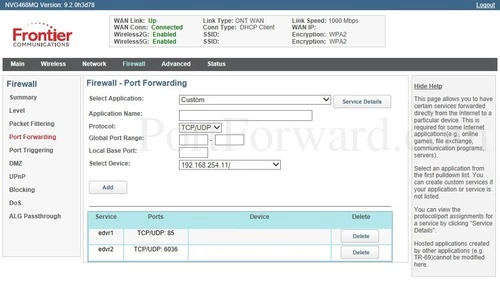 Arris NVG468MQ Port Forwarding