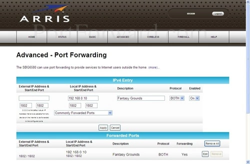 Arris SBG6580 Port Forwarding - Add