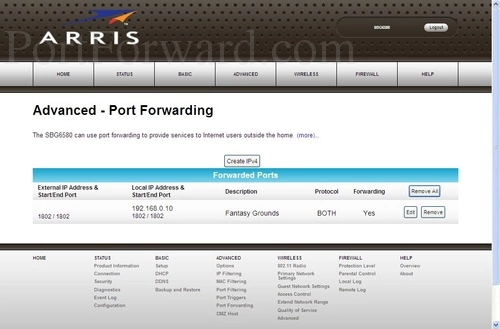 Arris SBG6580 Port Forwarding