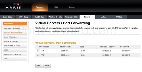 Arris TG2472G Virtual Servers - Port Forwarding