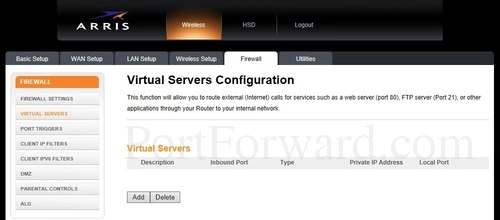Arris TG862G-NA Virtual Servers Configuration