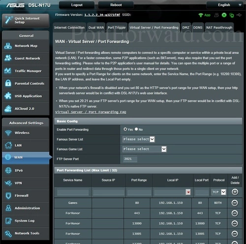 Asus DSL-N17U Virtual Server Port Forwarding