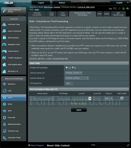 Asus RT-AC1200 Virtual Server Port Forwarding