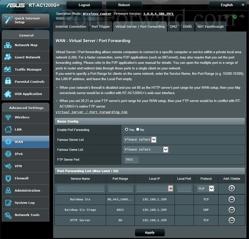 Asus RT-AC1200G Virtual Server Port Forwarding