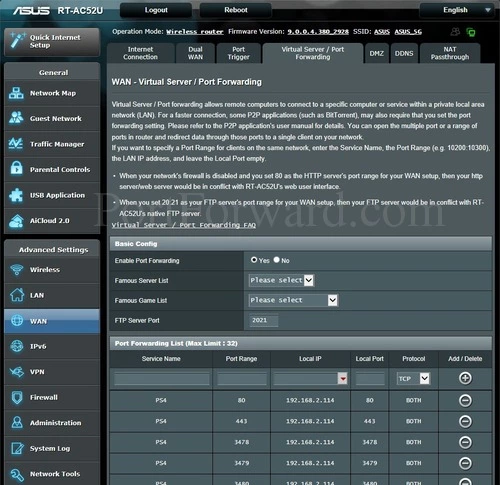 Asus RT-AC52U Virtual Server Port Forwarding