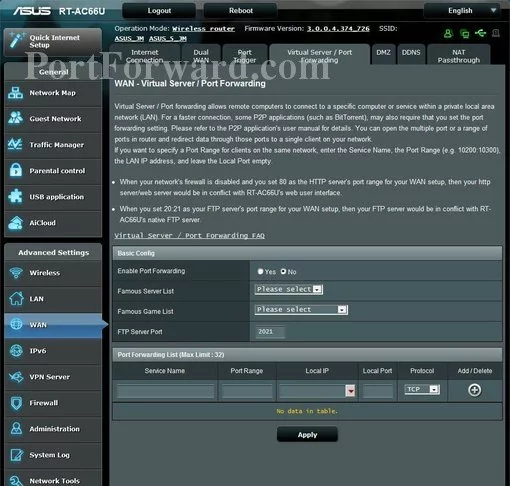 Asus RT-AC66U port forward