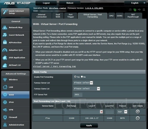 Asus RT-AC68P Virtual Server Port Forwarding
