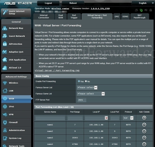 Asus RT-AC87R Virtual Server Port Forwarding