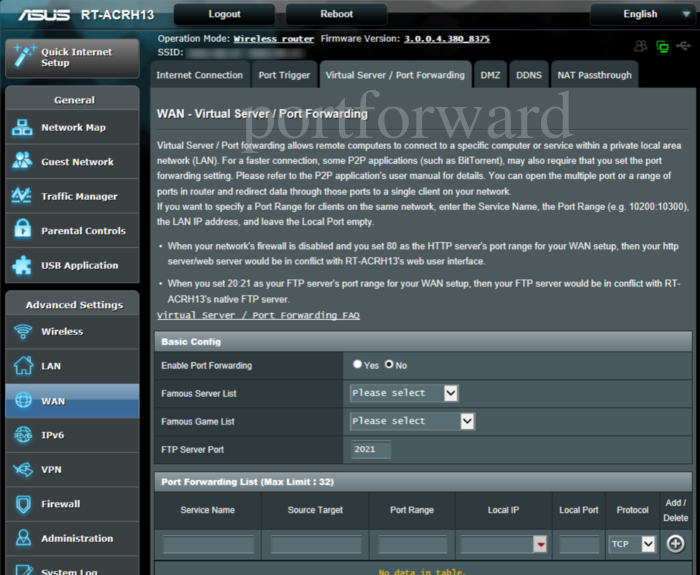 Asus RTACRH13 Router Open Port Instructions