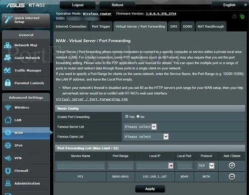Asus RT-N53 Virtual Server Port Forwarding
