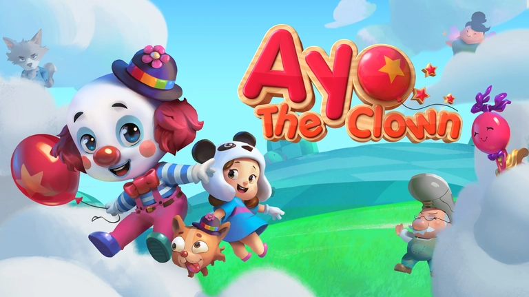 Ayo the Clown game art showing characters surrounded by clouds.
