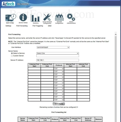 Aztech DSL7000GRV Port Forwarding