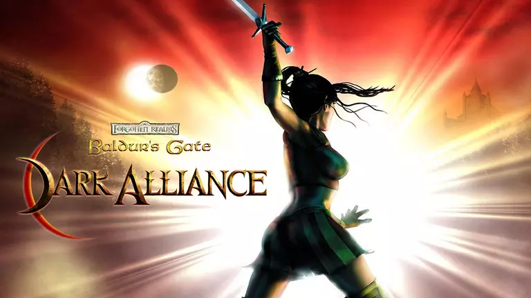 Baldur's Gate: Dark Alliance game art showing player with a sword.