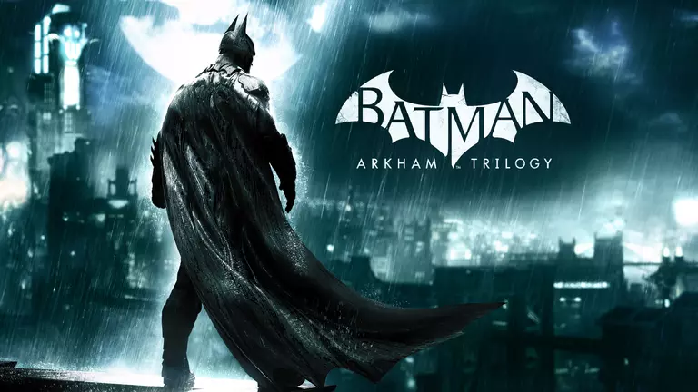Batman: Arkham Trilogy game artwork featuring Batman standing on a rooftop in the rain looking out over the city