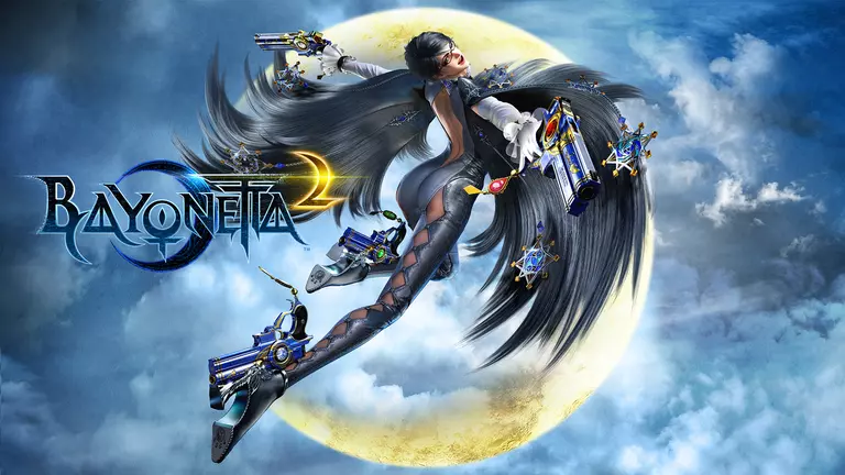 Bayonetta 2 game art showing character flying through the air holding weapons.