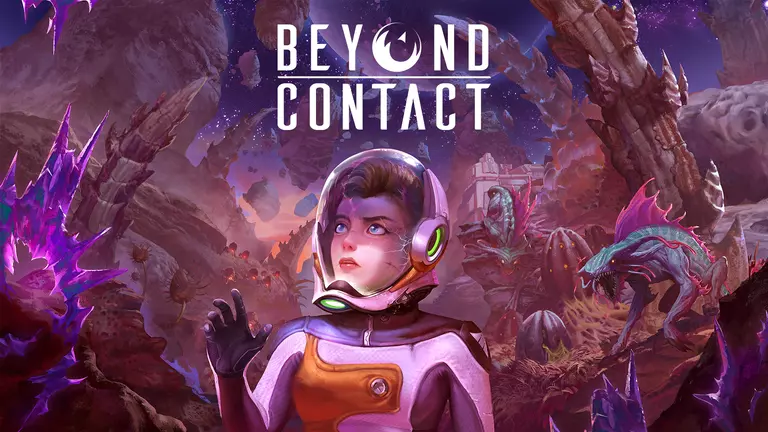 Beyond Contact character wearing a space suit and standing on another planet with aliens in the background.