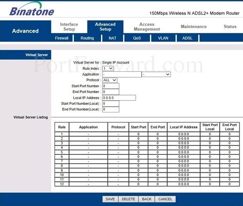 Binatone DT-850W Virtual Server