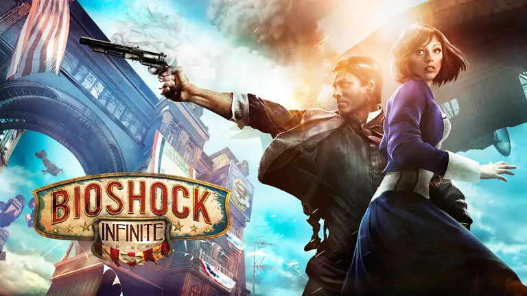 BioShock Infinite game artwork featuring Booker and Elizabeth