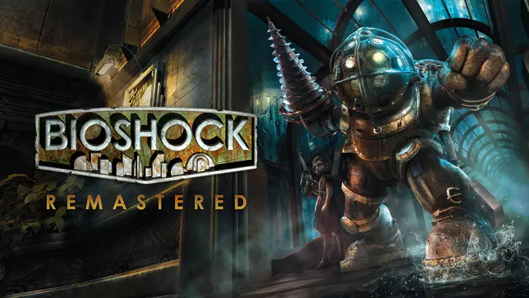 BioShock Remastered game artwork featuring a Little Sister and Big Daddy