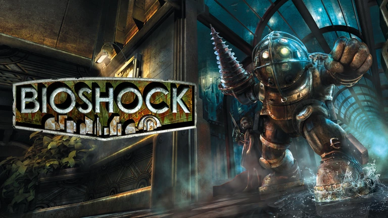 BioShock game artwork featuring a Bouncer-type Big Daddy and a Little Sister