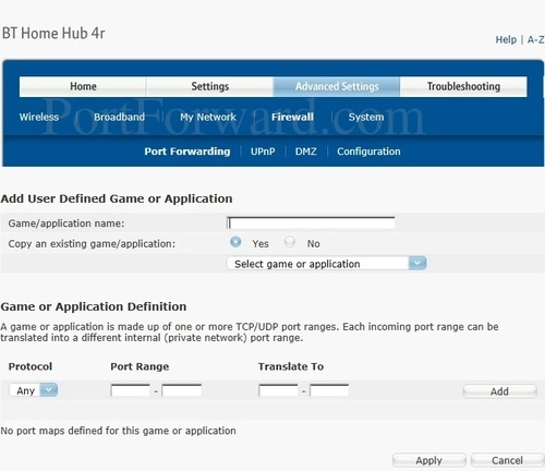 BT Home Hub 4r Port Forwarding Advanced - Add New Game or Application