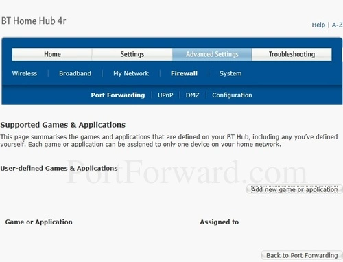 BT Home Hub 4r Port Forwarding Advanced - Manage Games and Applications