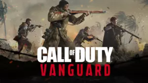 Call of Duty: Vanguard players walking across  battlefield showing palm trees in the background.