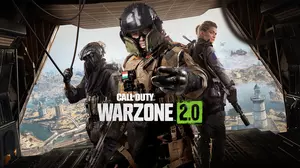 Call of Duty: Warzone 2.0 game artwork featuring a trio about to drop