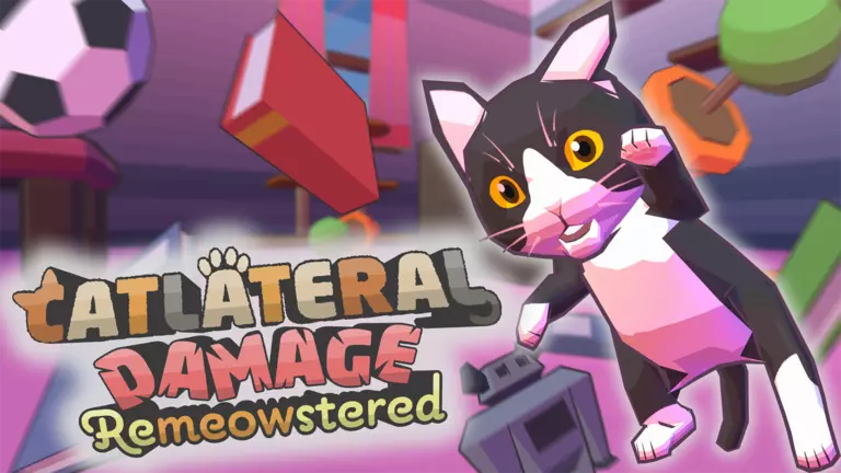 Catlateral Damage: Remeowstered game art showing cat surrounded by toys.
