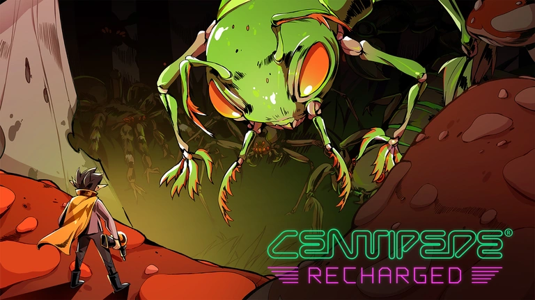 Centipede: Recharged game art showing a player face-to-face with a centipede.