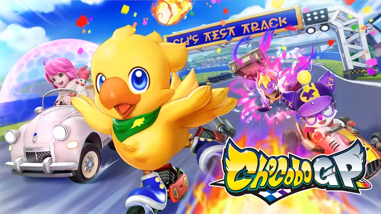 Chocobo GP game art showing players on a racetrack.