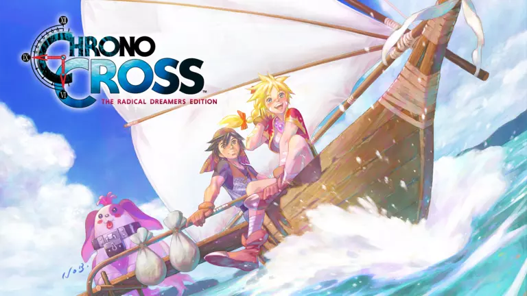 Chrono Cross: The Radical Dreamers Edition artwork featuring Kid, Serge, and Poshul on a boat