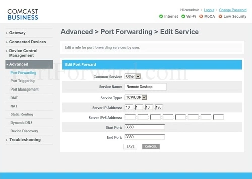 Cisco DPC3941B Port Forwarding Add