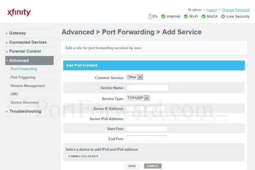 Cisco DPC3941T - XFINITY Port Forwarding Add