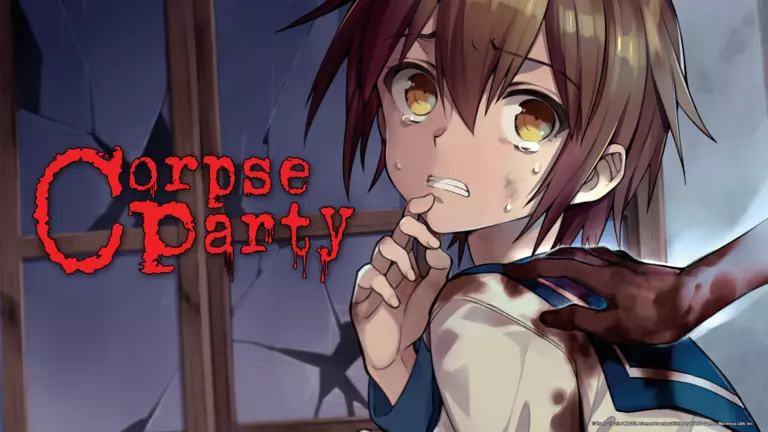 Corpse Party game art showing a frightened girl with a bloody hand on her shoulder.