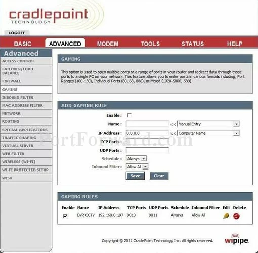 Cradlepoint MBR1200 port forward