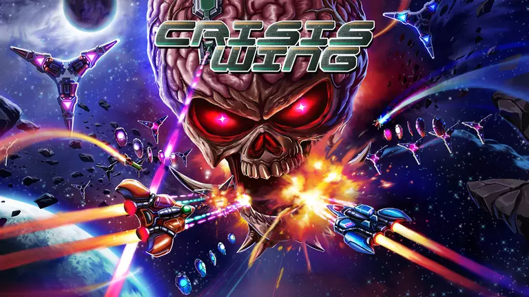 Crisis Wing game art showing ships flying through space and fighting a large skull boss.