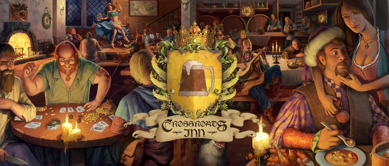 Crossroads Inn game art showing players in an inn gambling and getting pickpocketed.